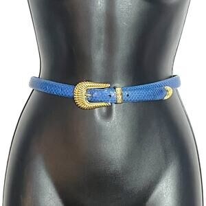 VINTAGE LIZ CLAIBORNE SKINNY BLUE BELT S 80s 90s GENUINE SNAKESKIN GOLD BUCKLE